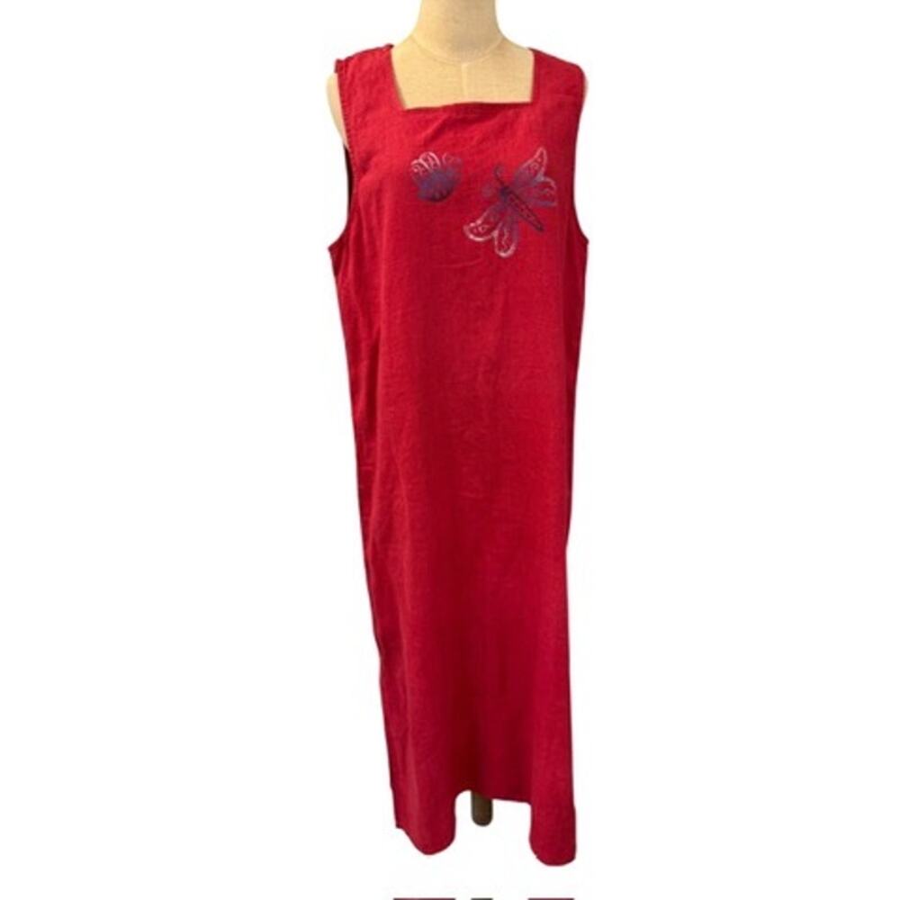 "STUDIO‎ EASE" Red Linen Dress SZ 12 Hand Painted 100% Linen Made In USA VTG Y2K